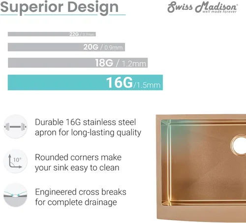 Vista 4 de Swiss Madison Well Made Forever SM-KS758RG - Fregadero de cocina de granja, color oro rosa