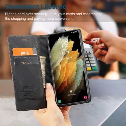 Vista 8 de Funda tipo cartera para Samsung Galaxy S21+ Plus 5G con bloqueo RFID, tarjetero y función atril magnético, funda de piel con tapa para Samsung Negro