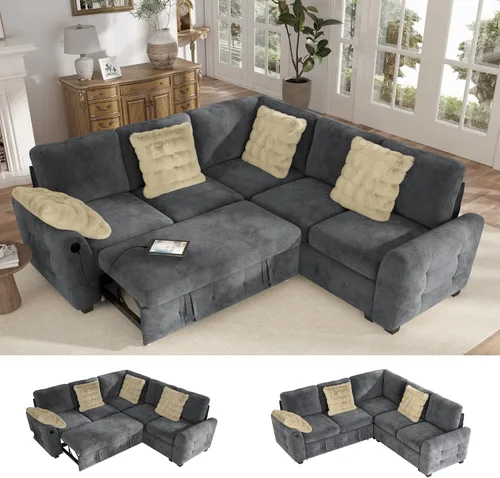 Vista 14 de Hanherry - Sofá seccional con sofá cama extraíble, sofá cama de chenilla con 2 asientos de almacenamiento y carga USB, cómodos sofás modulares