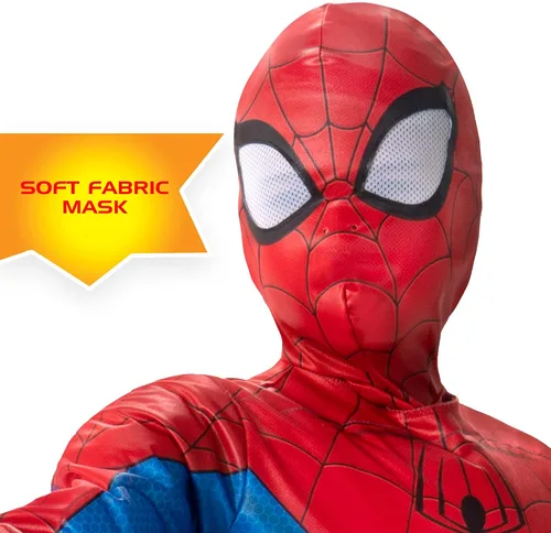 Vista 4 de Marvel Spider-Man - Disfraz oficial de Halloween para jóvenes, overol acolchado de alta calidad con máscara de tela