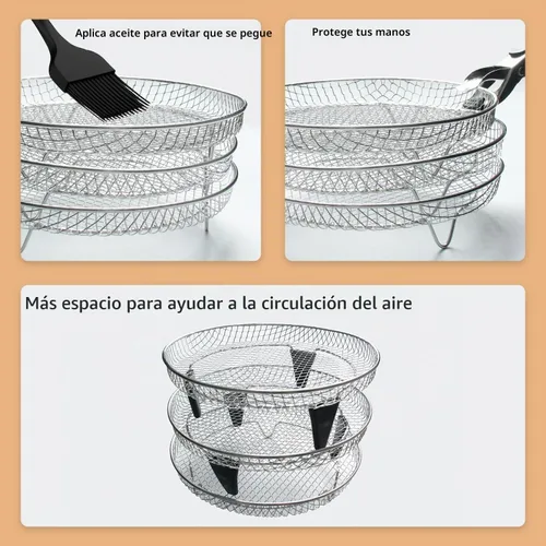 Vista 6 de Estantes para freidora de aire de acero inoxidable, 11 piezas, accesorios universales para freidora de aire, estantes deshidratadores apilables de 3