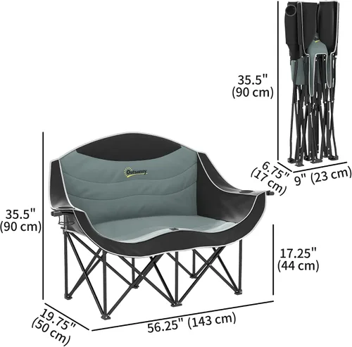 Vista 3 de Outsunny Double Camping Chair for Adults, Padded Folding Camp Chair for 2 Person with Armrest, Wine Glass Holder, Cup Holder, Carry Bag for Outdoor
