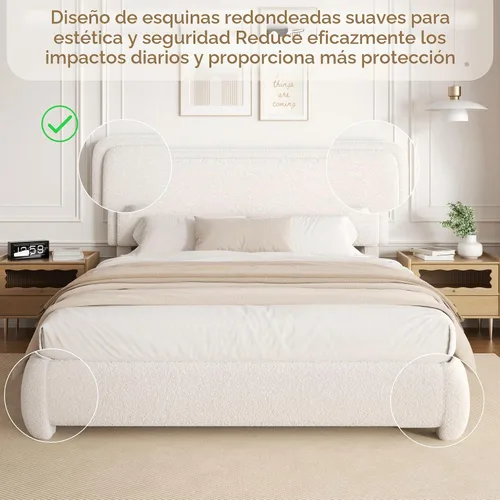 Vista 3 de Marco de cama tamaño Queen con cabecero ajustable, plataforma tapizada en bouclé con listones de madera, esquinas suaves anticolisión, no necesita