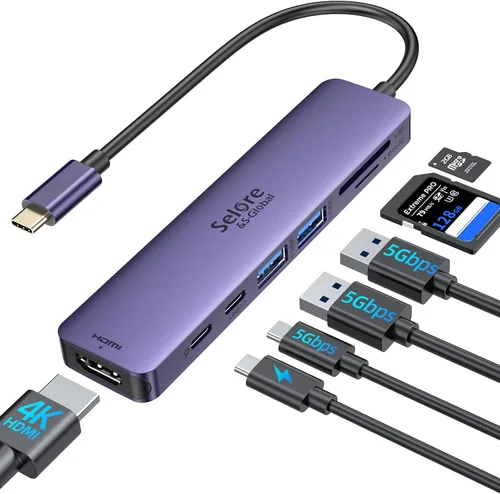 Vista 14 de Adaptador HDMI USB C Hub para MacBook Pro/Air, Dongle USBC 7 en 1 con HDMI, lector de tarjetas microSD/SD, puerto de datos USB C, 100 W PD y 2 USB