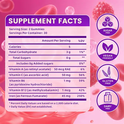 Vista 2 de Gomitas de hierro para niños y adultos, hierro 45 mg con vitamina C
