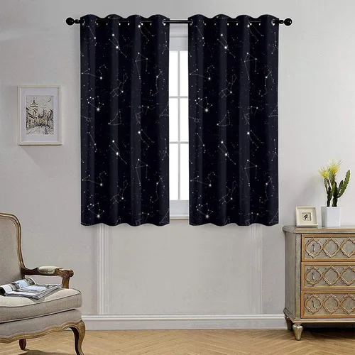 Vista 4 de Cortinas opacas de constelación para sala de estar, arte moderno abstracto, negro, galaxia, blanco, patrón de símbolo de constelación