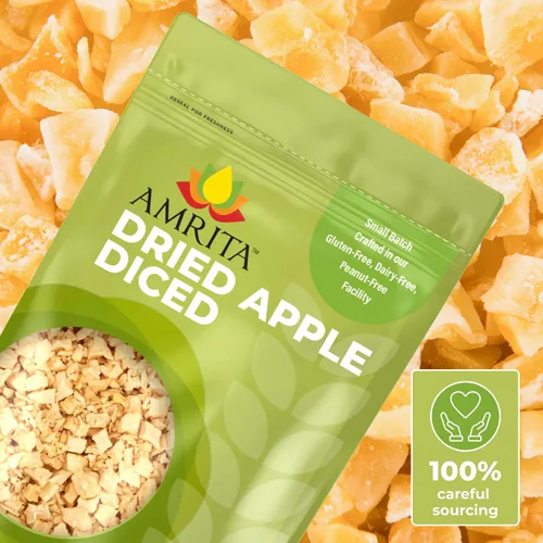 Vista 3 de Amrita Manzanas secas cortadas en cubitos de 16 onzas Sin azúcar añadido, vegano, sin OMG, sin gluten, maní, soja y lácteos Empaquetado fresco