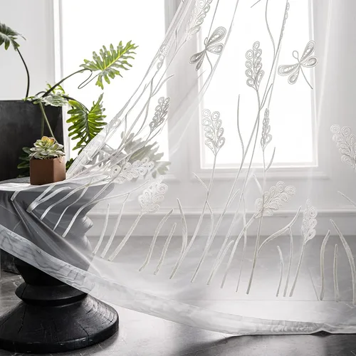 Vista 18 de Melodieux Cortinas texturizadas de lino con bordado de trigo para sala de estar, dormitorio, cortinas de ventana con patrón floral de granja