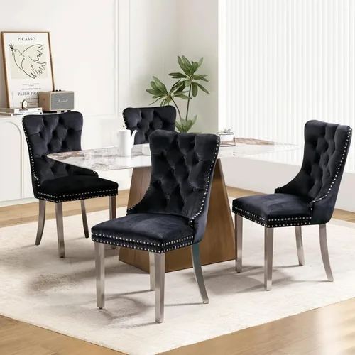 Vista 54 de Juego de 2 sillas de comedor tapizadas de tela de lino, sillas de cocina modernas de mediados de siglo con respaldo alto, ribete de cabeza de clavo