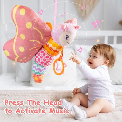 Vista 5 de Juguetes para bebés de 0 a 6 meses, animal de peluche sensorial musical infantil con chirriador, sonajero, alas arrugadas, mordedor y anillo