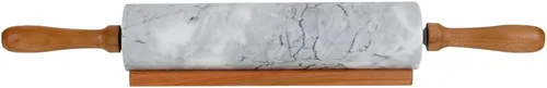Vista 2 de Home Basics Rodillo de piedra de mármol blanco con asas de madera de fácil agarre y soporte de exhibición de cuna de madera, pesado y sólido