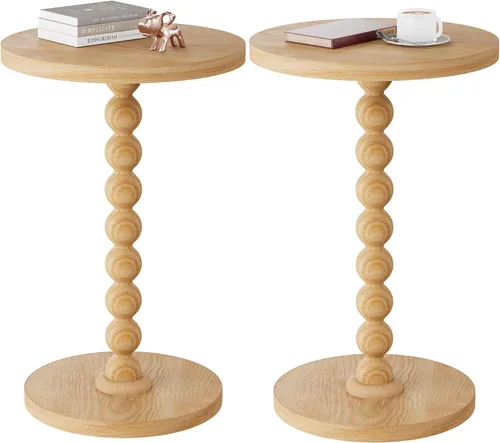 Vista 8 de Mesa auxiliar redonda, mesa de bebidas para espacios pequeños, mesita de noche moderna con patas de madera de goma para sala de estar, dormitorio