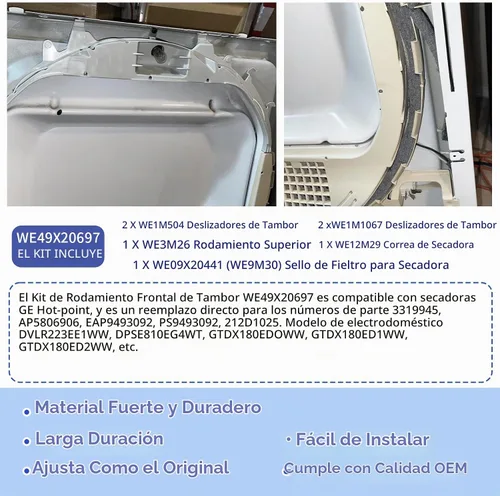 Vista 5 de WE49X20697 Kit de rodamientos de secadora compatible con GE Dryer Fix Noise
