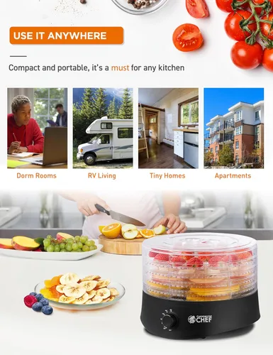 Vista 6 de Commercial Chef Deshidratador de alimentos, cinco bandejas de plástico sin BPA de 9.25 pulgadas, deshidrata y seca carne, frutas, verduras y cecina
