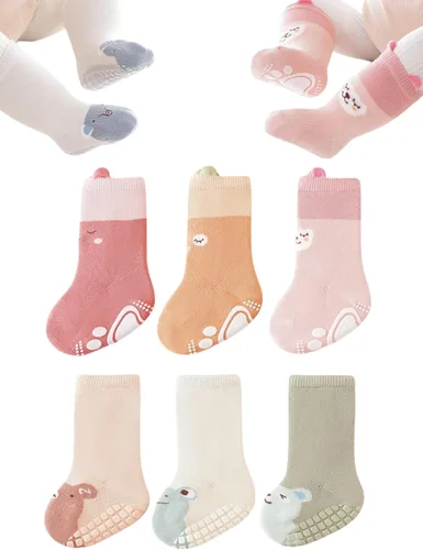 Vista 10 de Calcetines antideslizantes para bebés, calcetines de dibujos animados antideslizantes con puños para niñas, niños y recién nacidos, 6 pares