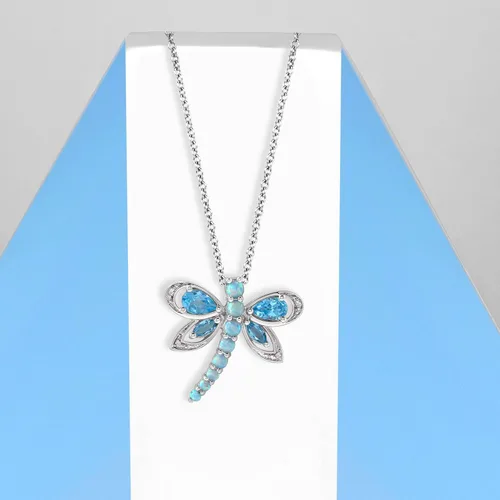 Vista 4 de Jewelili Collar con colgante de plata de ley con múltiples piedras preciosas y diamantes, cadena Rolo de 18 pulgadas