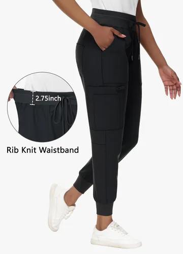 Vista 3 de Pantalones médicos de cintura alta para mujer, 8 bolsillos, cintura cónica, puños acanalados en los tobillos