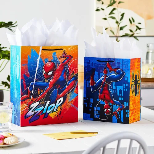 Vista 2 de Hallmark Bolsas de regalo de Spider-Man de Marvel (2 bolsas: 1 grande de 13 pulgadas, 1 extra grande de 15 pulgadas) para cumpleaños, Halloween