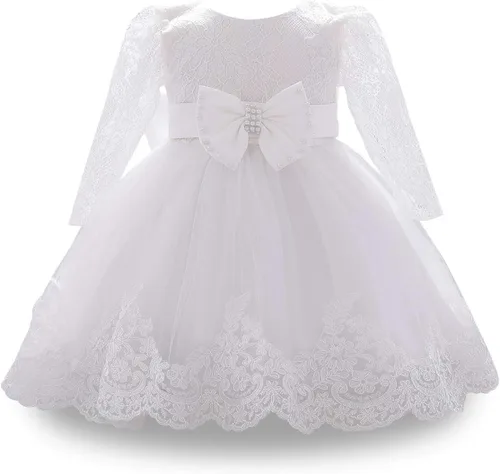 Vista 3 de HIHCBF Vestido de bautizo con tutú de encaje de manga larga con lazo para bebé, 1er cumpleaños, para boda, bautizo, tutú