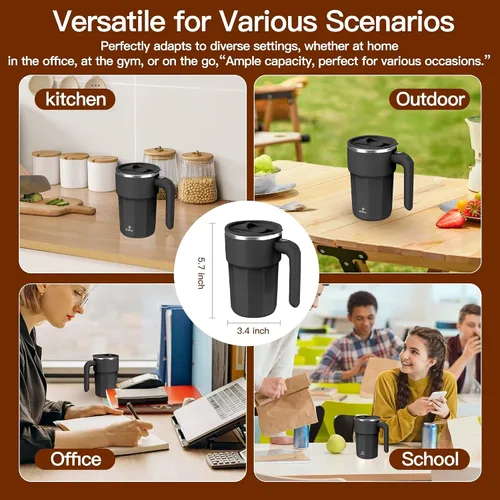 Vista 6 de Taza mezcladora eléctrica de 12 onzas, recargable, regalo para los amantes del café y uso en la oficina (negro)