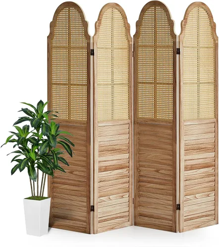 Vista 8 de Divisor de habitación de madera de 4 paneles, pantalla de privacidad plegable, pared divisora de habitación de ratán, pared divisora de madera