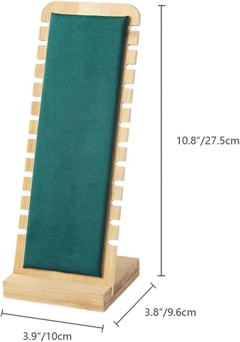 Vista 6 de Elegante soporte de exhibición de collar de madera en forma de L para 12 collares con estera suave verde oscuro. Tableros de exhibición de joyas