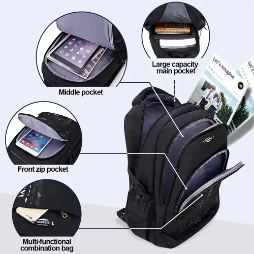 Vista 2 de Voici et Voila Mochila con ruedas con ruedas para computadora portátil, mochila con ruedas y 6 ruedas para niños y niñas, Portátil verde, Mochila