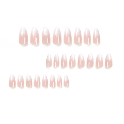 Vista 3 de Uñas postizas a presión medianas almendra SWEKKE francesas, color rosa, cobertura completa, color blanco, degradado, con diseños, pegamento