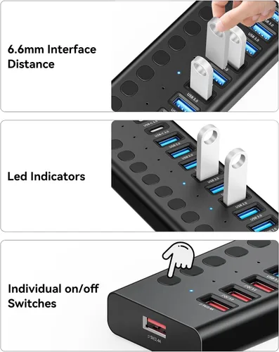 Vista 7 de Hub USB 3.0 alimentado, Splitter de Hub USB de 16 puertos (10 USB-A 3.0+2 QC 24W de carga rápida+2 de carga inteligente+2 puertos USB-C 3.0)