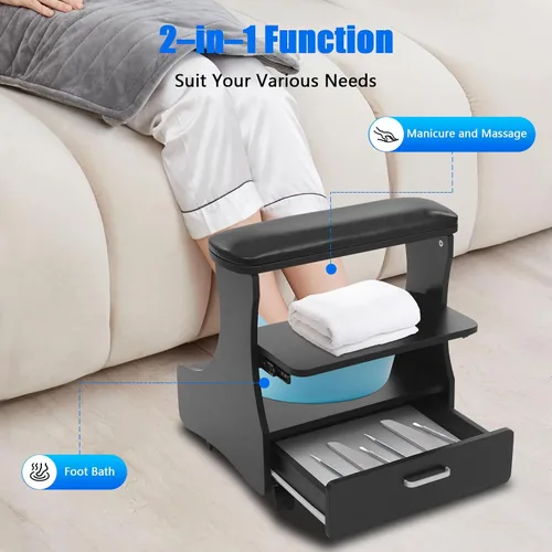Vista 3 de Carrito de pedicura con 4 ruedas con frenos, carrito portátil de spa con cajón práctico, soporte de baño de pies de pedicura, reposapiés de pedicura