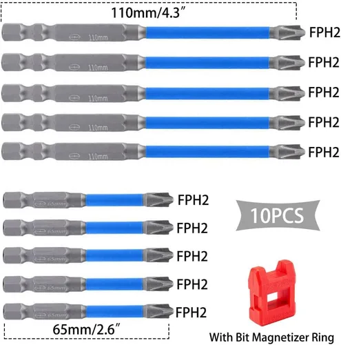 Vista 4 de Juego de 10 puntas de destornillador de impacto magnético FPH2, brocas FPH2 de 2.559 in y 4.331 in para electricista, brocas de cabeza ranurada