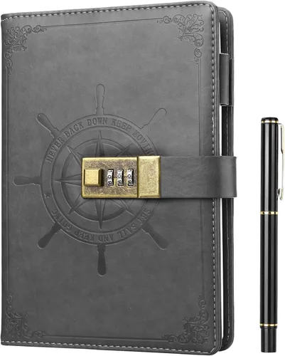 Vista 8 de Kesote Diario Negro con Cerradura, Cuadernos de Diario con Cerradura de Cuero Sintético Rellenable, Planificador Organizador con Bolígrafo, A5