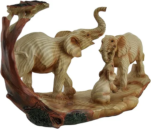Vista 2 de Zeckos Estatua decorativa de aspecto de madera tallada Safari de la familia de elefantes