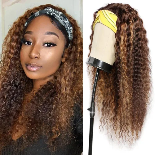 Vista 42 de Peluca con Diadema de Cabello Virgen Rubio Degradado con Ondas Profundas, Pelucas de Cabello Virgen de 8 Pulgadas, Sin Encaje Frontal para Mujeres