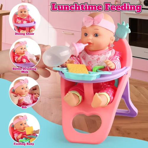 Vista 6 de Juego de Cochecito de Muñeca Bebé - Una Muñeca Bebé de 12.5" con Accesorios para Muñecas y 2 Juegos de Ropa, Cochecito de Muñeca para Niños Pequeños
