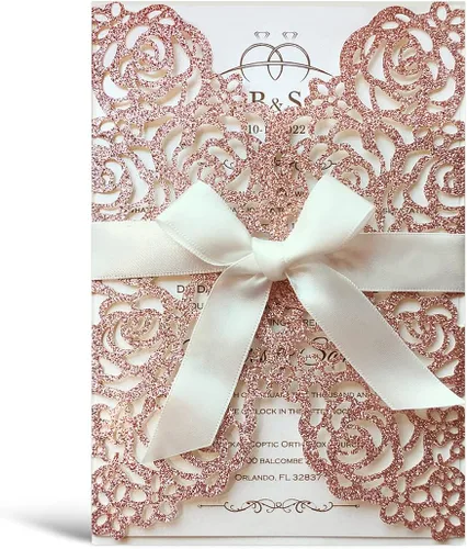 Vista 11 de 50 tarjetas de invitación de boda doradas de 5.12 x 7.28 pulgadas con lazo burdeos cortado con láser, invitación para despedida de soltera Purpurina