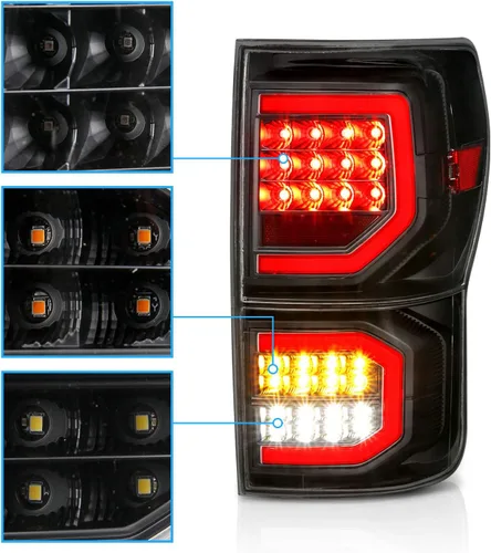 Vista 4 de AmeriLite para camioneta Toyota Tundra 2007-2013, cristal negro [Full LED] Faros traseros dobles tipo C de tubo de repuesto, lámpara de freno, par