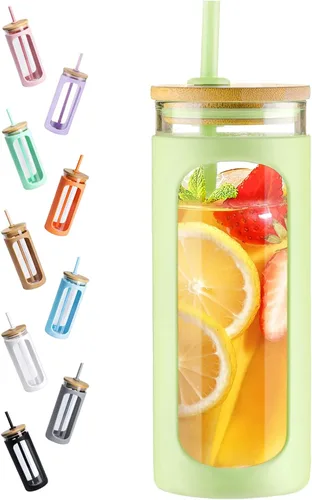 Vista 12 de Kodrine Vaso para agua de vidrio de 20 onzas con popote y tapa, botella de agua con tapas de bambú, taza para café helado, reutilizable, boca ancha