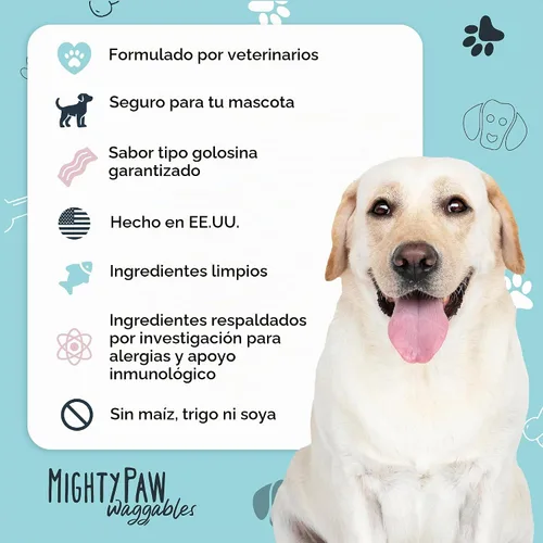 Vista 4 de Mighty Paw Waggables Allergy Immune + Itch (fabricado en los Estados Unidos) Paquete de 2 masticables para perros antipicazón para perros. Vitaminas