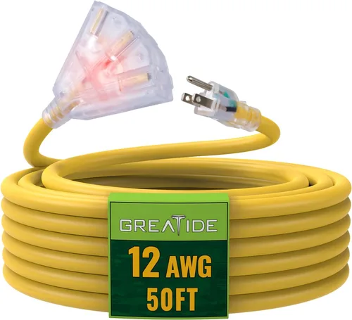 Vista 12 de Cable de extensión iluminado para exteriores de 6 pies con 3 tomas de corriente eléctrica - Cable de extensión negro resistente SJTW 12/3
