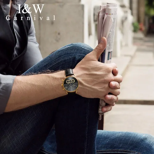 Vista 4 de Luxury Mens Big Dial Chronograph Sapphire Glass Waterproof Quartz Black Leather Gold Watches
