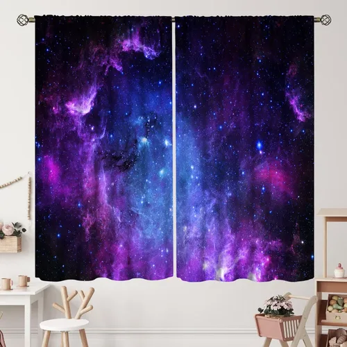 Vista 19 de Cortinas de planeta galaxia, espacio exterior, universo, nebulosa, estrellas, cielo estrellado, con bolsillo para cortinero, para sala de estar