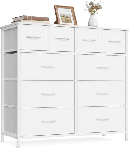 Vista 13 de SONGMICS Cómoda alta para dormitorio, 5 cajones de tela con marco de acero Blanco nube