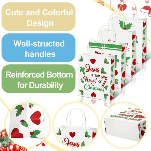 Vista 3 de Zhanmai 24 bolsas de regalo de Navidad con asas a granel, cristiano Jesús es el corazón de Navidad, bolsas con corazón, hoja de flor de pascua