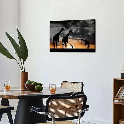 Vista 3 de Lienzo decorativo para pared, diseño de jirafas, diseño de paisaje de atardecer dorado de África, impresiones de animales en blanco y negro