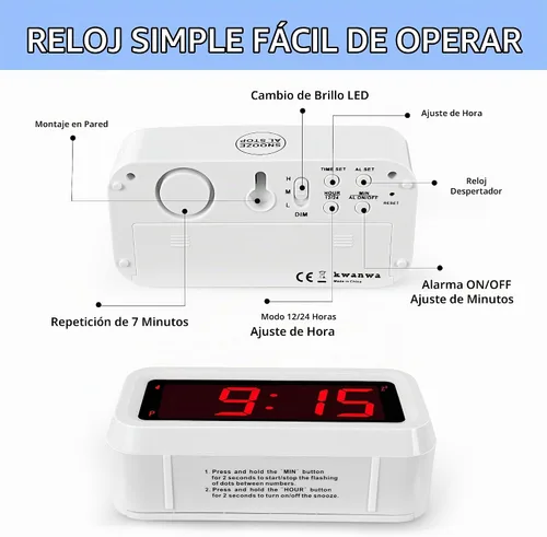 Vista 6 de Reloj despertador, reloj digital, modo nocturno automático, brillo LED de 3 niveles, funciona con pilas, 12/24 horas, pantalla de dígitos rojos