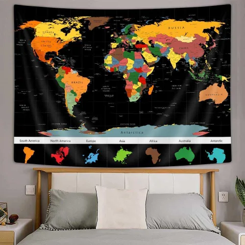 Vista 4 de Xguatan Tapiz de mapa del mundo para niños y estudiantes, mapa del mundo vintage, países educativos, ciudades, tapiz colgante de pared para aula