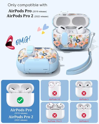 Vista 2 de TATOFY Funda para AirPods Pro 2 y Pro con Soporte para Teléfono, Cordón, Bloqueo, Kit de Limpieza, Compatible con Magsafe, Cubierta Rígida de Flores