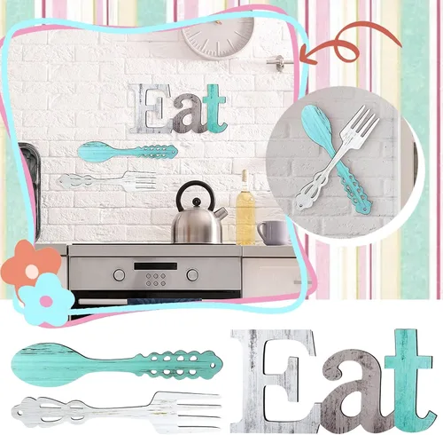 Vista 2 de Juego de letreros de comer, tenedor y cuchara, decoración de pared de madera rústica, decoración de comer, lindas letras para cocina, hogar