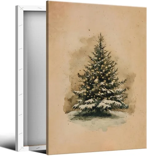 Vista 20 de Arte de pared en lona de árbol de Navidad y pino, póster rústico iluminado de abeto nevado, decoración de pared de vacaciones de invierno antigua
